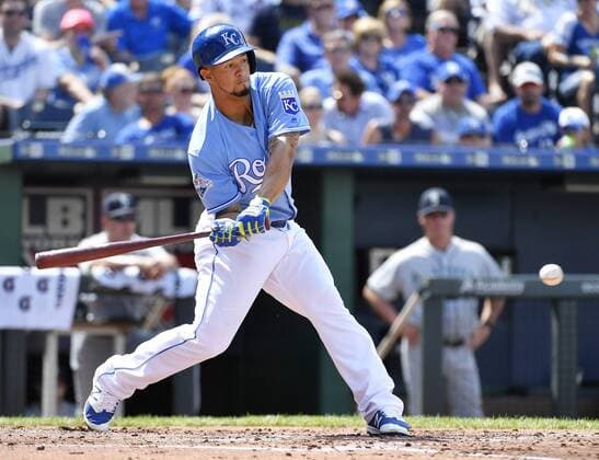 July 9, 2016 - Kansas City, MO, USA - The Kansas City Royals Cheslor Cuthbert lines up an RBI double in the second inning against the Seattle Mariners on Saturday, July 9, 2016, at Kauffman Stadium in Kansas City, Mo. Seattle at Kansas City - ZUMAm67_