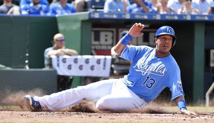 July 9, 2016 - Kansas City, MO, USA - The Kansas City Royals Salvador Perez scores on a single by Alcides Escobar in the second inning against the Seattle Mariners on Saturday, July 9, 2016, at Kauffman Stadium in Kansas City, Mo. Seattle at Kansas City - ZUMAm67_