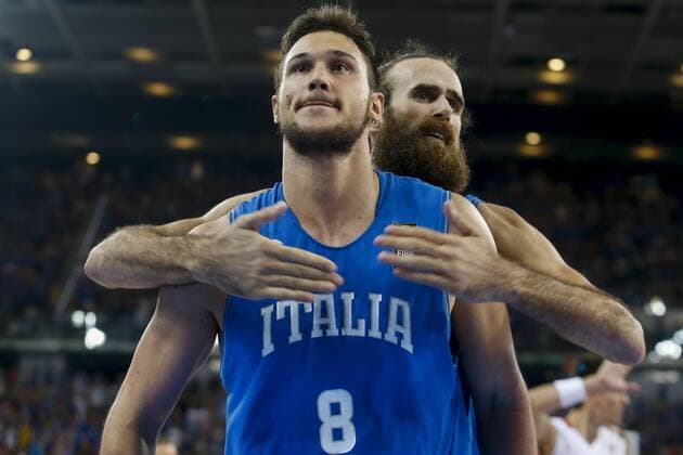 July 9, 2016 - Turin, Italy - The italian power forward Danilo Gallinari and The italian guard Stefano Tonut celebrates a basket in the final match between Italy and Croatia at 2016 FIBA Olympic Qualifying Tournament in Turin, Italy Croatia qualified for the Olympic Games Olympische Spiele Olympia OS in Turin tournament  - ZUMAn230