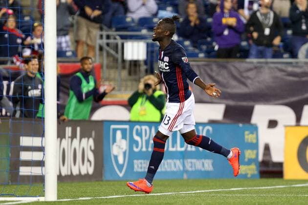 July 9, 2016; Foxborough, MA, USA; New England Revolution forward Kei Kamara (13) celebrates a goal during the second half of an MLS Fussball Herren USA game between the New England Revolution and Columbus Crew at Gillette Stadium. New England defeated Columbus 3-1. MLS 2016: Crew vs Revolution JUL 09 - ZUMAc04_