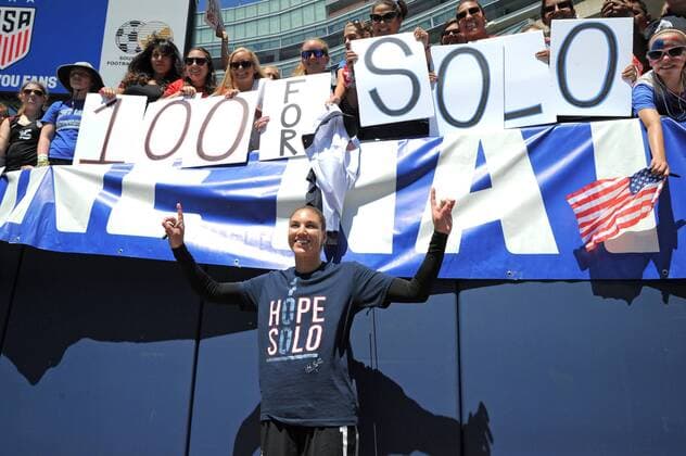 09 July 2016: United States goalkeeper Hope Solo (1) celebrates her 100th shutout after a game between South Africa and USA at Soldier Field in Chicago, IL. (Photo by Patrick Gorski Icon Sportswire) SOCCER: JUL 09 Women s - South Africa v USA Icon09071614 EDITORIAL USE ONLY