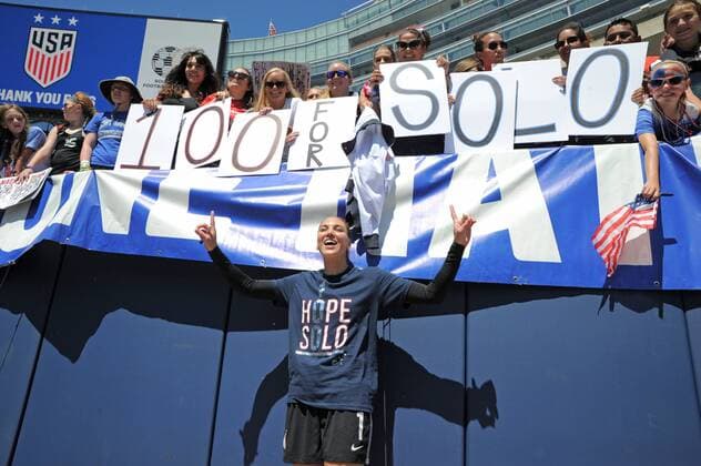 09 July 2016: United States goalkeeper Hope Solo (1) celebrates her 100th shutout after a game between South Africa and USA at Soldier Field in Chicago, IL. (Photo by Patrick Gorski Icon Sportswire) SOCCER: JUL 09 Women s - South Africa v USA Icon09071613 EDITORIAL USE ONLY
