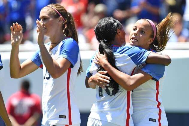 09 July 2016: United States forward Crystal Dunn (16) celebrates with United States forward Mallory Pugh (2) and United States forward Alex Morgan (13) after her goal during a game between South Africa and USA at Soldier Field in Chicago, IL. (Photo by Patrick Gorski Icon Sportswire) SOCCER: JUL 09 Women s - South Africa v USA Icon09071608 EDITORIAL USE ONLY