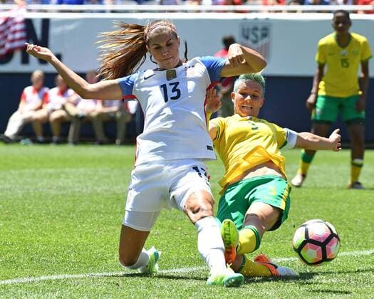 09 July 2016: United States forward Alex Morgan (13) fights for the ball with South Africa defender Janine van Wyk (5) during a game between South Africa and USA at Soldier Field in Chicago, IL. (Photo by Patrick Gorski Icon Sportswire) SOCCER: JUL 09 Women s - South Africa v USA Icon09071610 EDITORIAL USE ONLY