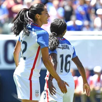 09 July 2016: United States forward Christen Press (12) celebrates with United States forward Crystal Dunn (16) after scoring during a game between South Africa and USA at Soldier Field in Chicago, IL. (Photo by Patrick Gorski Icon Sportswire) SOCCER: JUL 09 Women s - South Africa v USA Icon09071607 EDITORIAL USE ONLY
