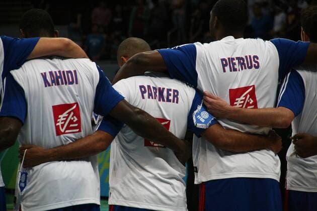 July 10, 2016 - Philippines - Team France stand together while singing the French national anthem. France and Canada battled at the Mall of Asia Arena in Pasay City for the FIBA Olympic Qualifying Tournament. France advances to the Olympics by winning the last slot of the qualifying tournament with 83 points versus CanadaÃ¢â‚¬â ¢s 74. World News - July 10, 2016 - ZUMAs166