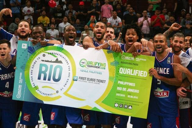 July 10, 2016 - Philippines - Team France shows off their ticket to the Rio Olympics after winning the tournament. France and Canada battled at the Mall of Asia Arena in Pasay City for the FIBA Olympic Qualifying Tournament. France advances to the Olympics by winning the last slot of the qualifying tournament with 83 points versus CanadaÃ¢â‚¬â ¢s 74. World News - July 10, 2016 - ZUMAs166