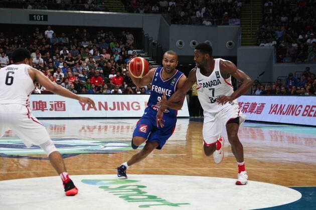 July 10, 2016 - Philippines - France and Canada battled at the Mall of Asia Arena in Pasay City for the FIBA Olympic Qualifying Tournament. France advances to the Olympics by winning the last slot of the qualifying tournament with 83 points versus CanadaÃ¢â‚¬â ¢s 74. World News - July 10, 2016 - ZUMAs166