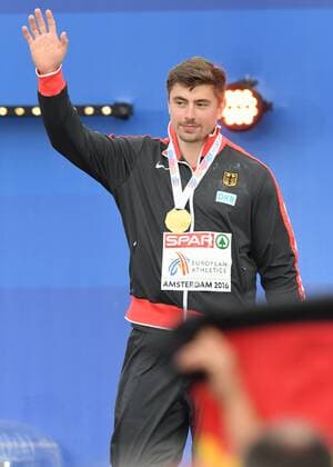 Amsterdam, Leichtathletik, Athletics, Track and Field, EAA, Leichtathletik EM Amsterdam 2016, European Championships Amsterdam, 06.07-10.07.2016, Olympiastadion Amsterdam,Kugelstossen Männer Siegerehrung David Storl Gold Medailien Copyright Gladys Chai von der Laage