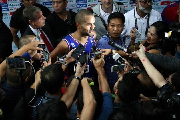 July 10, 2016 - Philippines - NBA Basketball Herren USA player Tony Parker, of team France, talks to the media after leading his team against Canada. France secured a slot to the Olympics in Rio after winning the FIBA Olympic Qualifying tournament held at the Mall of Asia Arena in Pasay City, Metro Manila. World News - July 10, 2016 - ZUMAs166