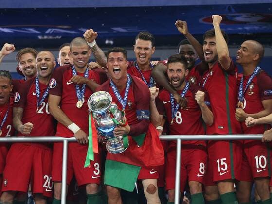 Cristiano Ronaldo of Portugal lifts the trophy during the UEFA European Championship EM Europameisterschaft 2016 final match at the Stade de France, Paris. Picture date July 10th, 2016 Pic David Klein Sportimage EDITORIAL USE ONLY. No use with unauthorised audio, video, data, fixture lists, club league logos or live services. Online in-match use limited to 120 images, no video emulation. No use in betting, games or single club league player publications.