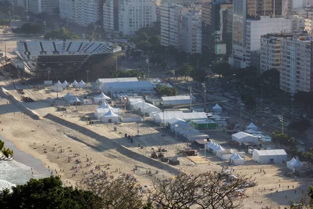 Locations Rio 2016 Olympic Games Olympische Spiele Olympia OS Arena Olympic Beach volleyball Beachvolleyball which is being built on the sands of Copacabana Beach is coming to the final stretch. Seats and stairs have been installed and access to the public are being implemented. With the Arena, a large part of the Copacabana boardwalk is no visibility to the sea. x1159103x  LuizxSouza
