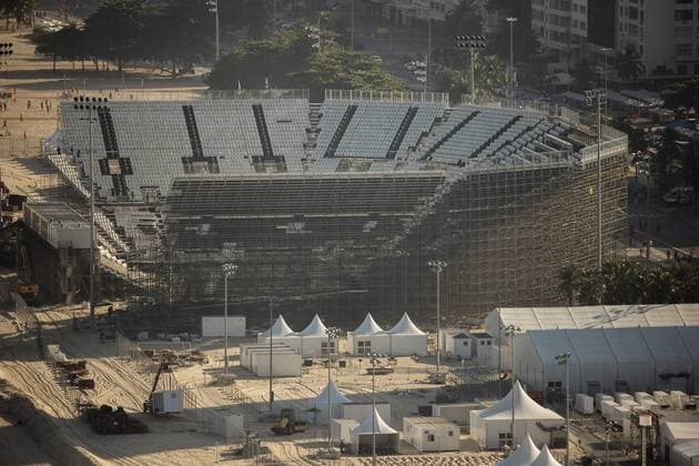Locations Rio 2016 Olympic Games Olympische Spiele Olympia OS Arena Olympic Beach volleyball Beachvolleyball which is being built on the sands of Copacabana Beach is coming to the final stretch. Seats and stairs have been installed and access to the public are being implemented. With the Arena, a large part of the Copacabana boardwalk is no visibility to the sea. x1159108x  LuizxSouza