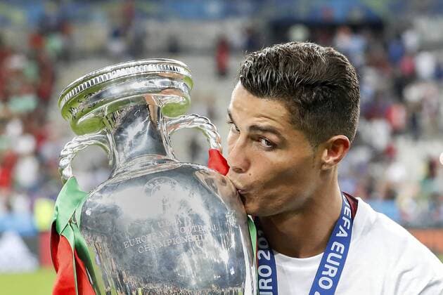 Cristiano Ronaldo of Portugal with Coupe Henri Delaunay during the UEFA EURO EM Europameisterschaft Fussball 2016 final match between Portugal and France on July 10, 2016 at the Stade de France in Paris, France. Portugal v France UEFA EURO 2016 final 2016 2017 xVIxxIVx 5830056