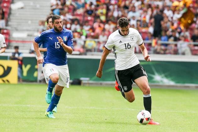11.07.2016, xjfx, Fussball Europameisterschaft 2016 U19 (U 19), Deutschland - Italien, emspor v.l. Mauro Coppolaro (Italien),Janni Serra (Deutschland), Aktion Stuttgart