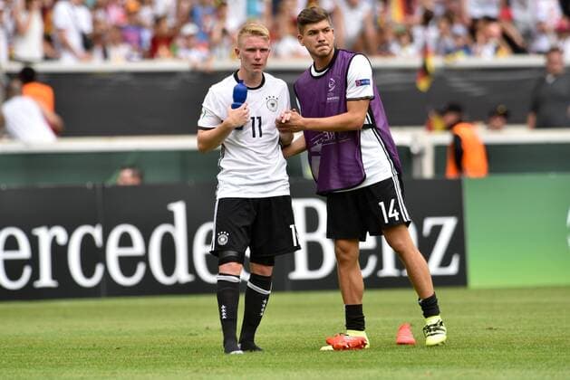GER, UEFA U19 (U 19) EURO 2016, Vorrunde, Deutschland (GER) vs Italien (ITA) 11.07.2016, Mercedes Benz Arena, Stuttgart, GER, UEFA U19 (U 19) EURO 2016, First Round, Deutschland (GER) vs Italien (ITA), picture shows im Bild: Frust bei Philipp Ochs ( 11, Deutschland Germany (GER)) und Gökhan Gül Goekhan Guel ( 14, Deutschland Germany (GER)) Foto © nordphoto Fabisch nordphotox xFabisch