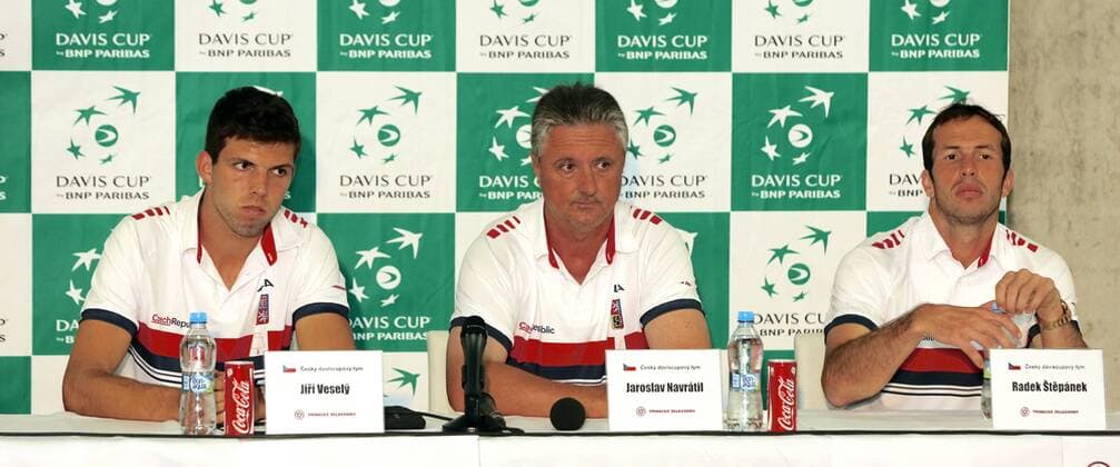 Tennis players Jiri Vesely, left, and Radek Stepanek, right, and non playing captain Jaroslav Navratil, members of the Czech Republic Davis Cup team, attend a news conference on Tuesday, July 12, 2016 in Trinec, Czech Republic, prior to the Davis Cup quarterfinal match Czech Republic vs France. (CTKxPhoto PetrxSznapka) CTKPhotoP201607120345801