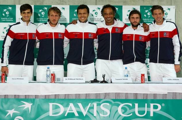 Tennis players, from left, Piere-Hugues Herbert, Lucas Pouille, Jo-Wilfried Tsonga, non playing captain Yannick Noah, Gilles Simon and Nicolase Mahut, members of the French Davis Cup team, attend a news conference on Tuesday, July 12, 2016 in Trinec, Czech Republic, prior to the Davis Cup quarterfinal match Czech Republic vs France. (CTKxPhoto PetrxSznapka) CTKPhotoP201607120404101