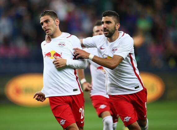 SOCCER - CL quali, RBS vs Liepaja SALZBURG,AUSTRIA,12.JUL.16 - SOCCER - UEFA Champions League, qualification, Red Bull Salzburg vs FK Liepaja. Image shows the rejoicing of Jonatan Soriano and Munas Dabbur (RBS). GEPAxpictures xFelixxRoittner