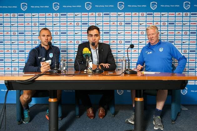 Genk s Thomas Buffel, Genk s press officer Willem Boogaerts and Genk s head coach Peter Maes pictured during a press conference PK Pressekonferenz of Belgian first league soccer team RC Genk, Wednesday 13 July 2016, in Genk. Tomorrow Genk is playing the first leg of the second qualification round in the Europa League competition against Montenegro s Buducnost Podgorica. VIRGINIExLEFOUR  x04890619x
