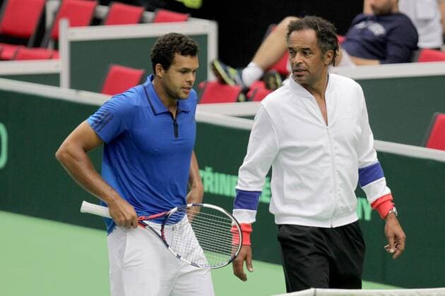 French tennis player Jo-Wilfried Tsonga (left) and non-playing captain Yannick Noah during the training session prior to the Davis Cup quarterfinal match against Czech Republic in Trinec, Czech Republic, July 13, 2016. (CTKxPhoto PetrxSznapka) CTKPhotoP201607130454401  SZN 28