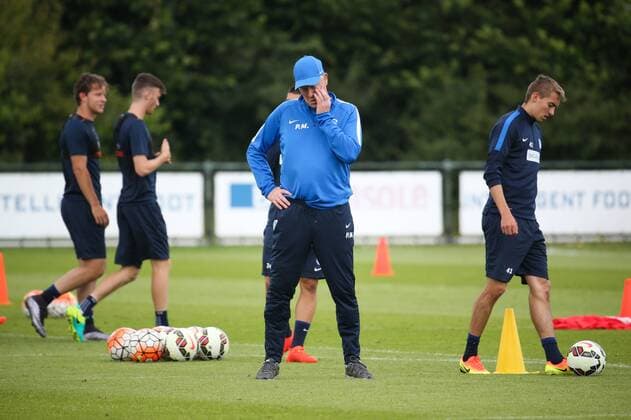 Genk s head coach Peter Maes gestures during a training session of Belgian first league soccer team RC Genk, Wednesday 13 July 2016, in Genk. Tomorrow Genk is playing the first leg of the second qualification round in the Europa League competition against Montenegro s Buducnost Podgorica. VIRGINIExLEFOUR  x04890632x