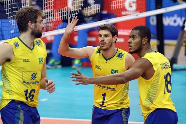 FIVB WORLD LEAGUE FINALS KRAKOW 2016 BRAZIL - ITALY (L) LUCAS SAATKAMP ,(C) BRUNO MOSSA REZENDE (R) RICARDO LUCARELLI  20160713CSJP3001