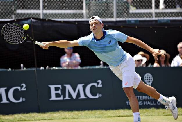 July 13, 2016:Frank Dancevic (CAN) hits a forehand in his round of 16 match vs. Ivo Karlovic (CRO) at the 2016 Hall of Fame Championships held at the Casino at Newport, R.I. This ATP Tennis Herren match was won by Karlovic 3-6,7-6 (7-5), 6-4. Tennis 2016: Hall of Fame Championships JUL, 16 - ZUMAc04_
