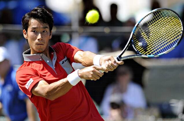 July 13, 2016: Yuichi Sugita (JPN) hits a backhand in his round of 16 match vs. Steve Johnson (USA) at the Hall of Fame Championships held at the Casino at Newport, R.I. This ATP Tennis Herren match was won by Johnson 6-1, 6-4. Tennis 2016: Hall of Fame Championships JUL, 16 - ZUMAc04_