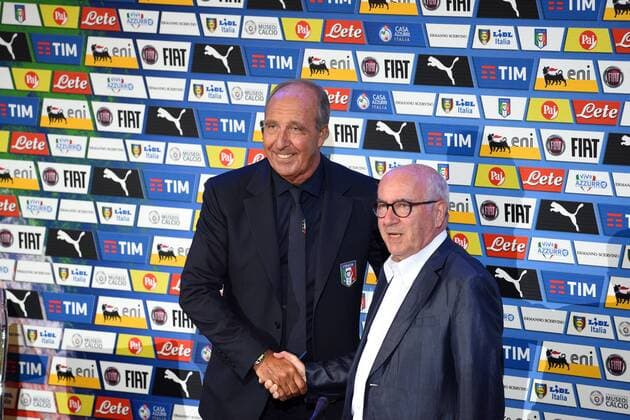 FLORENCE, July 19, 2016 -- Giampiero Ventura (L), new head coach of Italy s national soccer team, shakes hands with Italian Football Federation President Carlo Tavecchio during his official presentation press conference PK Pressekonferenz at Coverciano s sporting center near Florence, Italy, on July 19, 2016. )(hcs) (SP)ITALY-FLORENCE-SOCCER-NEW COACH-VENTURA AlbertoxLingria 