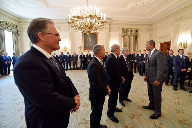 July 21, 2016 - Washington, DC, USA - Ned Yost with the Kansas City Royals looks on as President Barack Obama visits with team owner David Glass, Dan Glass and general manager Dayton Moore during the team s visit to the White House on Thursday, July 21, 2016. Obama honors Kansas City Royals - ZUMAm67_