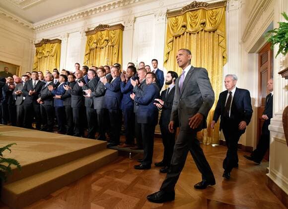 July 21, 2016 - Washington, DC, USA - President Barack Obama enters the East Room with Kansas City Royals owner David Glass during the team s visit to the White House on Thursday, July 21, 2016. Obama honors Kansas City Royals - ZUMAm67_