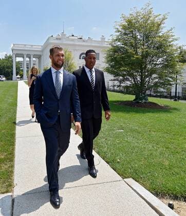 July 21, 2016 - Washington, DC, USA - Alex Gordon and Salvador Perez of the Kansas City Royals walk outside the White House during the team s visit to the White House on Thursday, July 21, 2016. Obama honors Kansas City Royals - ZUMAm67_