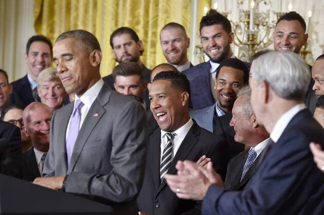 July 21, 2016 - Washington, DC, USA - Kansas City Royals Salvador Perez laughs after President Barack Obama refers to his nickname during a visit to the White House to honor the 2015 World Series championSaon Thursday, July 21, 2016. Obama honors Kansas City Royals - ZUMAm67_