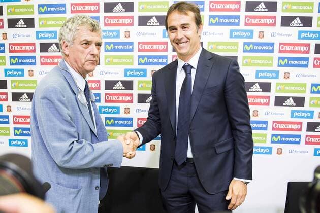 Spanish sports leader Angel Maria Villar (L) and basque coach Julen Lopetegui (R) is presented as new coach of the Spanish Team at Ciudad del Futbol in Las Rozas, Madrid. Spain. 21 July. 2016.  (20160721042)