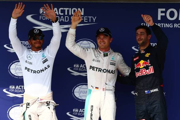 Hungarian Grand Prix, Hungaroring, Budapest 21 - 24 July 2016 23.07.2016 - Qualifying, 2nd position Lewis Hamilton (GBR) Mercedes AMG F1 W07 Hybrid, Nico Rosberg (GER) Mercedes AMG F1 W07 Hybrid pole position and 3rd position Daniel Ricciardo (AUS) Red Bull Racing RB12 