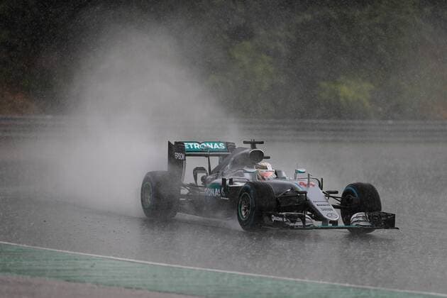 23.07.2016. The Hungaroring Mogyor& xf3;d, Hungary. Formula 1 grand prix of Hungary, qualifying sessions. Mercedes AMG Petronas W07 Hybrid & x2013; Lewis Hamilton In a wet and disjointed session, the course was red flagged multiple times, due to standing water on the track. Rosberg took pole as Hamilton was held up on his final qualifying lap and Hamilton was 2nd. xLeannexBoonx  ActionPlus11764425