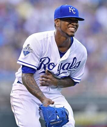 July 23, 2016 - Kansas City, MO, USA - Kansas City Royals starting pitcher Yordano Ventura grabs his chest after being hit by a line drive off the bat of the Texas Rangers Adrian Beltre in the fifth inning on Saturday, July 23, 2016, at Kauffman Stadium in Kansas City, Mo. Texas at Kansas City - ZUMAm67_