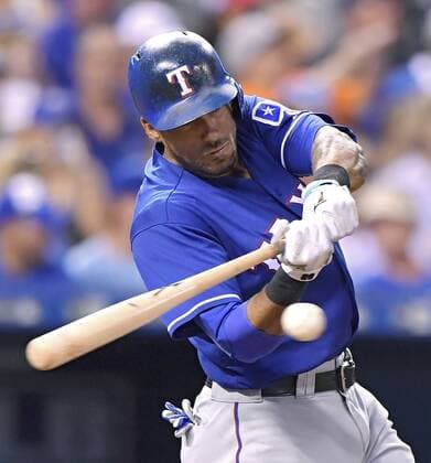 July 23, 2016 - Kansas City, MO, USA - The Texas Rangers Ian Desmond connects on an RBI single in the seventh inning against the Kansas City Royals on Saturday, July 23, 2016, at Kauffman Stadium in Kansas City, Mo. Texas at Kansas City - ZUMAm67_
