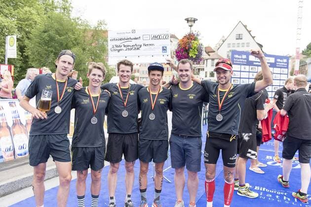 Team AST Suessen, Siegerehrung, 1. Bitburger 0,0% Triathlon-Bundesliga, Mey Generalbau Citytriathlon Tuebingen, DTU-Roadshow 2016, Deutsche Triathlon Union, 24.07.2016, Tuebingen Copyright: Walther Eibner-Pressefoto EP_SWR