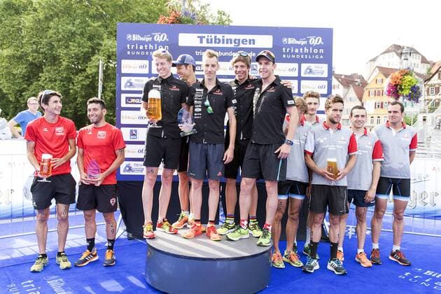 Siegerehrung, 1. Bitburger 0,0% Triathlon-Bundesliga, Mey Generalbau Citytriathlon Tuebingen, DTU-Roadshow 2016, Deutsche Triathlon Union, 24.07.2016, Tuebingen Copyright: Walther Eibner-Pressefoto EP_SWR