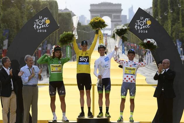 Tour de France, Siegerehrung Gesamtwertungen Slovakian Peter Sagan of Tinkoff wearing the green jersey, British Chris Froome of Team Sky wearing the yellow jersey, Britain s Adam Yates of Orica GreenEDGE wearing the white jersey and Polish Rafal Majka of Tinkoff wearing the red polka-dot jersey for best climber celebrate on the podium after the 21st and last stage of the 103rd edition of the Tour de France cycling race, 113 km from Chantilly to the Champs-Elysees in Paris, France, on Sunday 24 July 2016. This year s Tour de France takes place from July 2nd to July 24th. POOLxSTEPHANExMANTEY  x04898278x