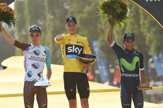 Tour de France, Siegerehrung Gesamtwertungen 24-07-2016 Tour De France; Tappa 21 Chantilly - Paris; 2016, Team Sky; 2016, Ag2r La Mondiale; 2016, Movistar; Froome, Christopher; Bardet, Romain; Quintana Rojas Nairo, Alexander; Paris; 