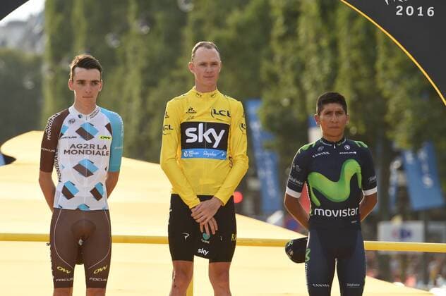 Tour de France, Siegerehrung Gesamtwertungen 24-07-2016 Tour De France; Tappa 21 Chantilly - Paris; 2016, Team Sky; 2016, Ag2r La Mondiale; 2016, Movistar; Froome, Christopher; Bardet, Romain; Quintana Rojas Nairo, Alexander; Paris; 