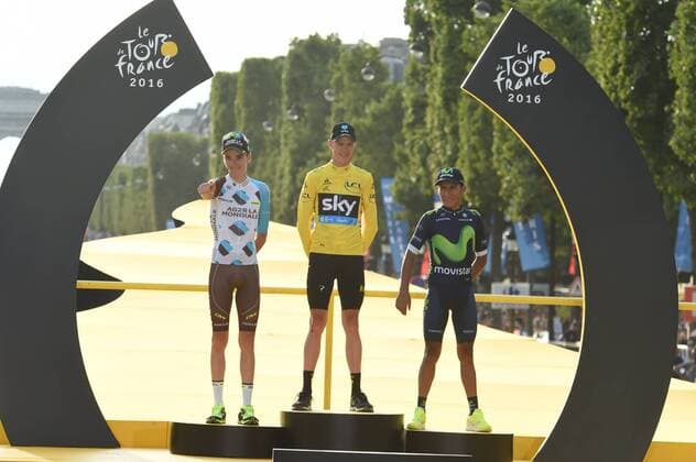 Tour de France, Siegerehrung Gesamtwertungen 24-07-2016 Tour De France; Tappa 21 Chantilly - Paris; 2016, Team Sky; 2016, Ag2r La Mondiale; 2016, Movistar; Froome, Christopher; Bardet, Romain; Quintana Rojas Nairo, Alexander; Paris; 