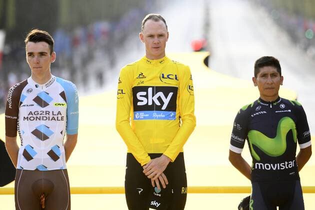 Tour de France, Chris Froome gewinnt Gesamtwertung French Romain Bardet of AG2R La Mondiale, British Chris Froome of Team Sky and Colombian Nairo Quintana of Movistar Team celebrate on the podium after the 21st and last stage of the 103rd edition of the Tour de France cycling race, 113 km from Chantilly to the Champs-Elysees in Paris, France, on Sunday 24 July 2016. This year s Tour de France takes place from July 2nd to July 24th. POOLxSTEPHANExMANTEY  x04898256x