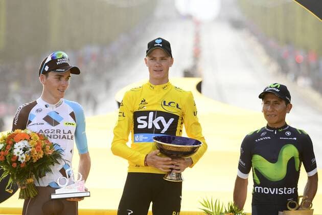 Tour de France, Chris Froome gewinnt Gesamtwertung French Romain Bardet of AG2R La Mondiale, British Chris Froome of Team Sky and Colombian Nairo Quintana of Movistar Team celebrate on the podium after the 21st and last stage of the 103rd edition of the Tour de France cycling race, 113 km from Chantilly to the Champs-Elysees in Paris, France, on Sunday 24 July 2016. This year s Tour de France takes place from July 2nd to July 24th. POOLxSTEPHANExMANTEY  x04898244x