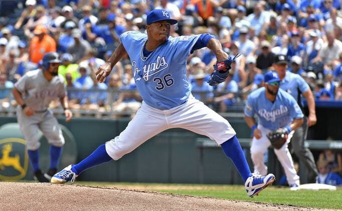 July 24, 2016 - Kansas City, MO, USA - Kansas City Royals starting pitcher Edinson Volquez throws in the second inning Sunday during the game against the Texas Rangers on July 24, 2016 at Kauffman Stadium in Kansas City, Mo. Royals fall to Rangers after Soria stumbles again - ZUMAm67_