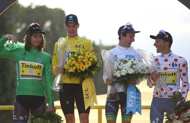 (From L to R) Peter Sagan of Slovakia, Chris Froome of Great Britain, Adam Yates of Great Britain and Rafal Majka of Poland celebrate on the presentation podium after the Tour de France in Paris on July 24, 2016.  PAR20160724737 DAVIDxSILPA