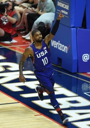 24 July 2016: USA (10) Kyrie Irving celebrates after putting up a last second shot before the half during the USA Basketball Showcase exhibition game between China and USA at STAPLES Center in Los Angeles, CA. (Photo by Chris Williams Icon Sportswire) INTERNATIONAL BASKETBALL: JUL 24 USA v China Icon0071607241364 EDITORIAL USE ONLY